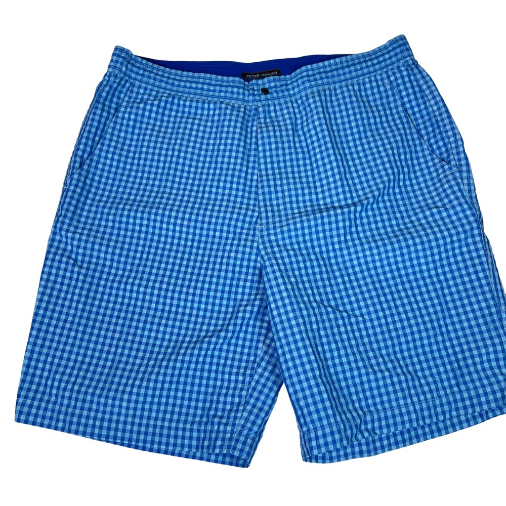 Peter Millar Mens Size M Blue Gingham Check Swim Trunks Mesh Lined Shorts